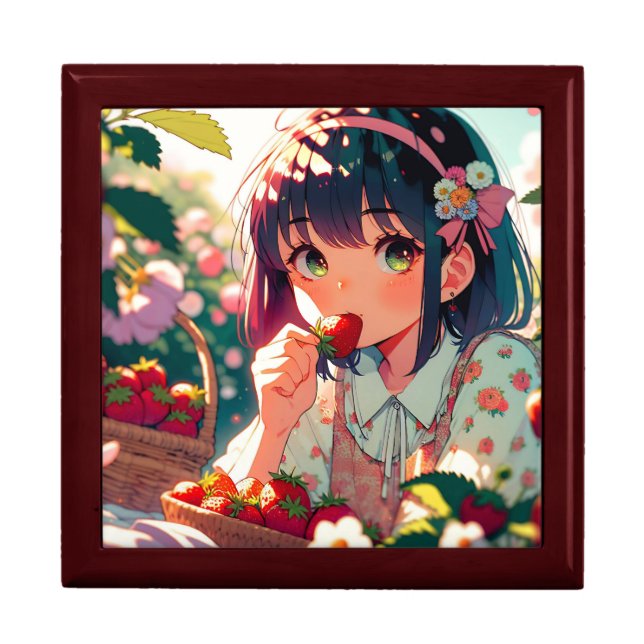 Cute Anime Girl Eating Strawberries   Gift Box (Front)