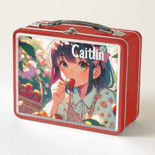 Cute Anime Girl Eating Strawberries Metal Lunch Box