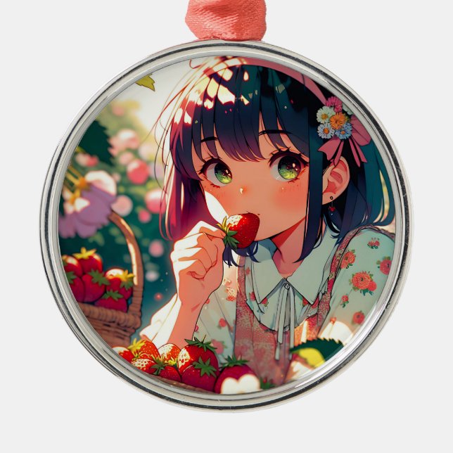 Cute Anime Girl Eating Strawberries   Metal Ornament (Front)