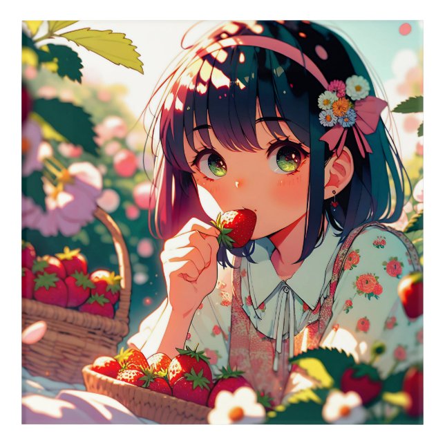 Cute Anime Girl Eating Strawberries | Summer Day Acrylic Print (Front)