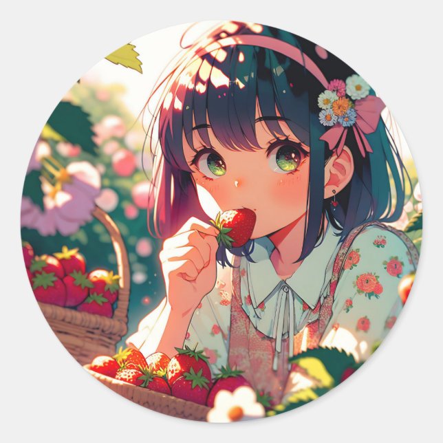 Cute Anime Girl Eating Strawberries | Summer Day Classic Round Sticker (Front)