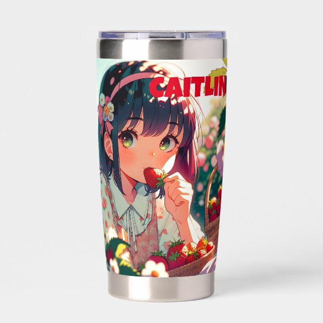 Cute Anime Girl Eating Strawberries | Summer Day Insulated Tumbler (Front)