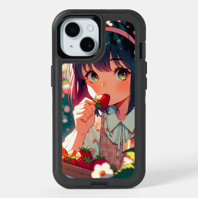 Cute Anime Girl Eating Strawberries | Summer Day iPhone 15 Case (Back)