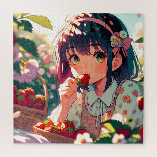 Cute Anime Girl Eating Strawberries  Summer Day Jigsaw Puzzle