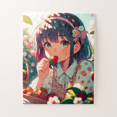 Cute Anime Girl Eating Strawberries  Summer Day Jigsaw Puzzle