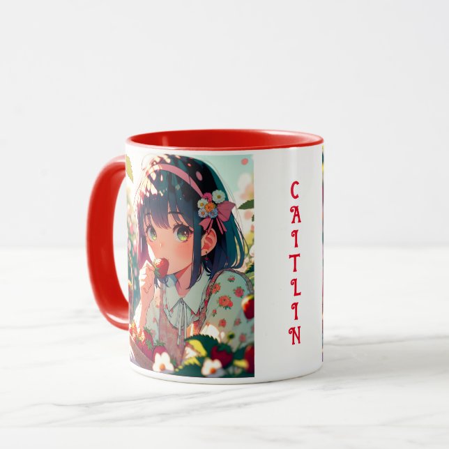 Cute Anime Girl Eating Strawberries | Summer Day Mug (Front Left)