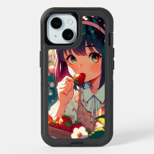 Cute Anime Girl Eating Strawberries  Summer Day iPhone 15 Case