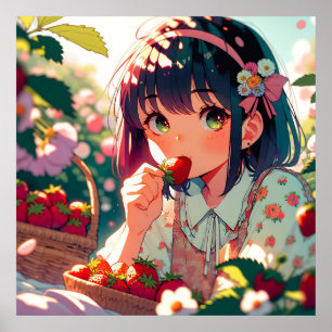 Cute Anime Girl Eating Strawberries Summer Day Poster