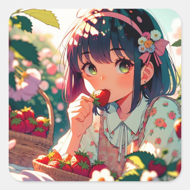 Cute Anime Girl Eating Strawberries | Summer Day Square Sticker (Front)