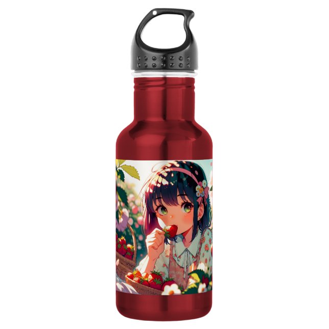 Cute Anime Girl Eating Strawberries | Summer Day Stainless Steel Water Bottle (Front)