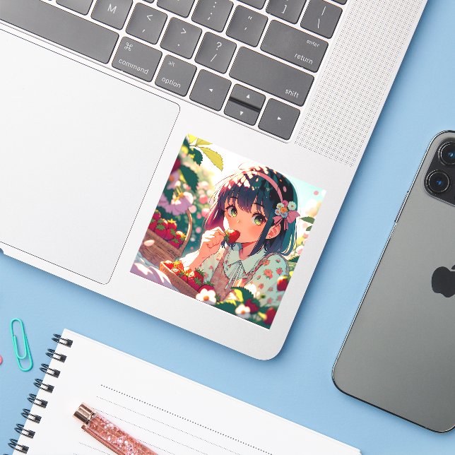 Cute Anime Girl Eating Strawberries | Summer Day Sticker (Laptop w/ iPhone)