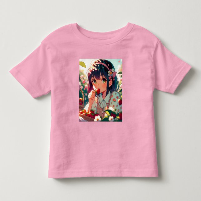 Cute Anime Girl Eating Strawberries | Summer Day Toddler T-shirt (Front)