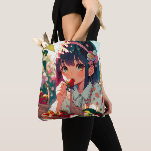 Cute Anime Girl Eating Strawberries Summer Day Tote Bag