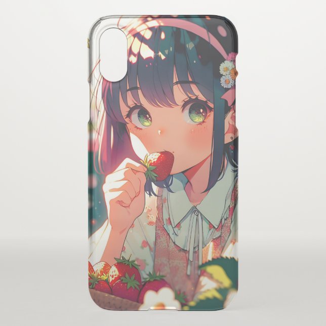 Cute Anime Girl Eating Strawberries | Summer Day Uncommon iPhone Case (Back)