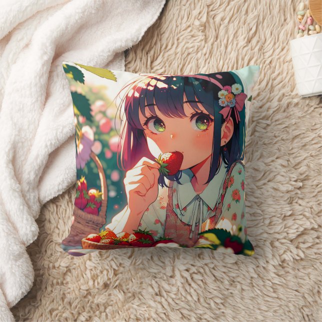 Cute Anime Girl Eating Strawberries   Throw Pillow (Blanket)