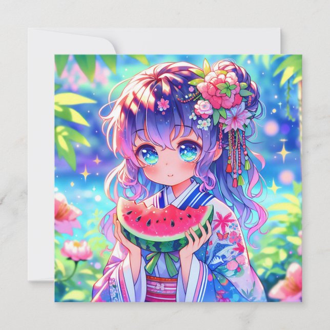 Cute Anime Girl Eating Watermelon on a Summer Day (Front)