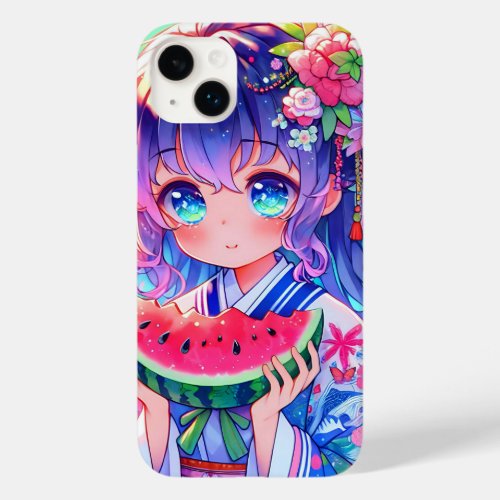 Cute Anime Girl Eating Watermelon on a Summer Day Case_Mate iPhone 14 Plus Case