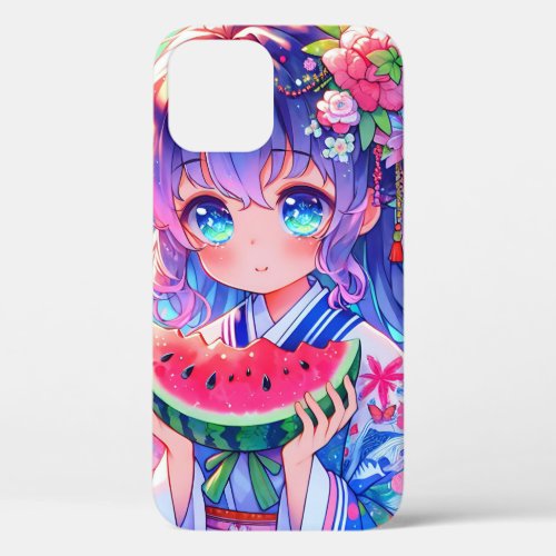 Cute Anime Girl Eating Watermelon on a Summer Day iPhone 12 Case