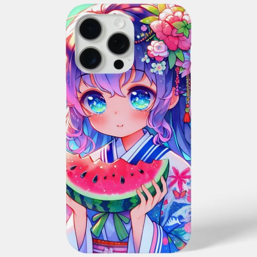 Cute Anime Girl Eating Watermelon on a Summer Day iPhone 15 Pro Max Case