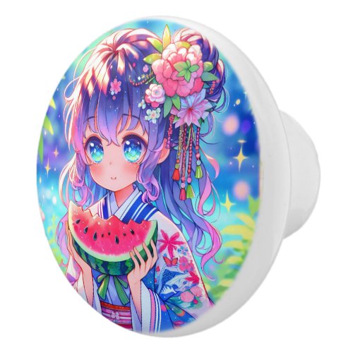 Cute Anime Girl Eating Watermelon on a Summer Day Ceramic Knob