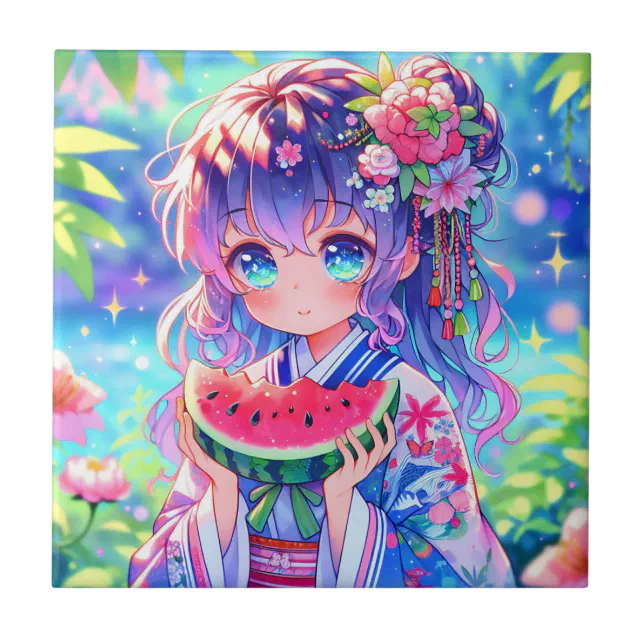 Cute Anime Girl Eating Watermelon on a Summer Day Ceramic Tile | Zazzle