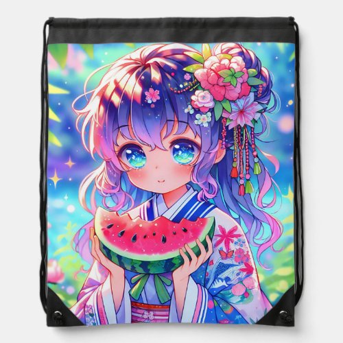 Cute Anime Girl Eating Watermelon on a Summer Day Drawstring Bag