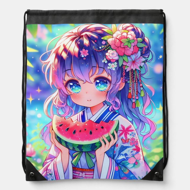 Cute Anime Girl Eating Watermelon on a Summer Day Drawstring Bag (Front)