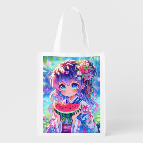 Cute Anime Girl Eating Watermelon on a Summer Day Grocery Bag