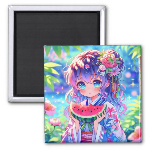 Cute Anime Girl Eating Watermelon on a Summer Day Magnet