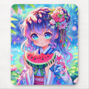 Cute Anime Girl Eating Watermelon on a Summer Day Mouse Pad