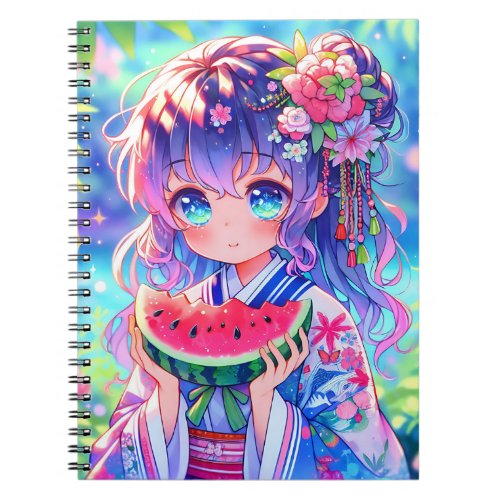 Cute Anime Girl Eating Watermelon on a Summer Day Notebook