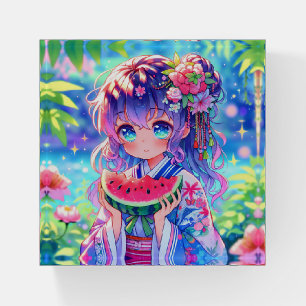 Cute Anime Girl Eating Watermelon on a Summer Day Paperweight