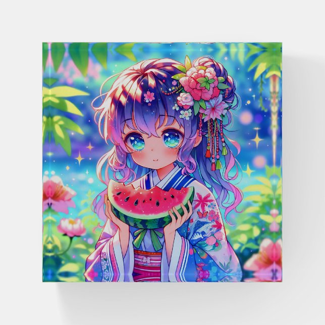Cute Anime Girl Eating Watermelon on a Summer Day Paperweight (Front)