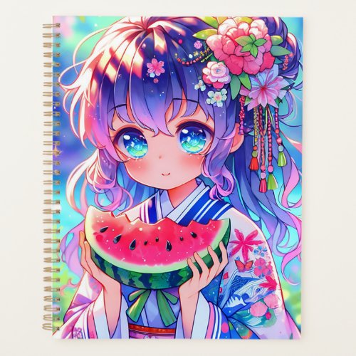 Cute Anime Girl Eating Watermelon on a Summer Day Planner