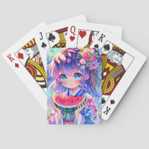 Cute Anime Girl Eating Watermelon on a Summer Day Poker Cards
