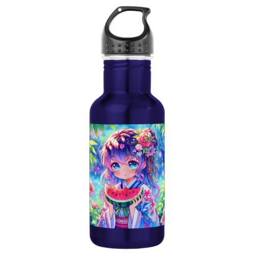 Cute Anime Girl Eating Watermelon on a Summer Day Stainless Steel Water Bottle