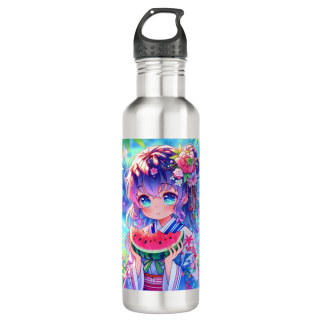 Cute Anime Girl Eating Watermelon on a Summer Day Stainless Steel Water Bottle (Front)