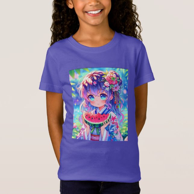 Cute Anime Girl Eating Watermelon on a Summer Day T-Shirt (Front)
