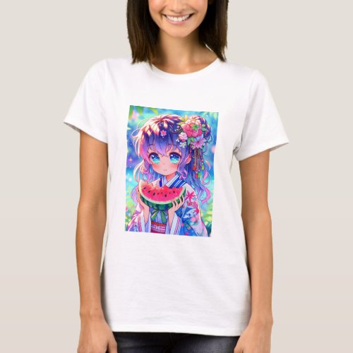 Cute Anime Girl Eating Watermelon on a Summer Day T_Shirt