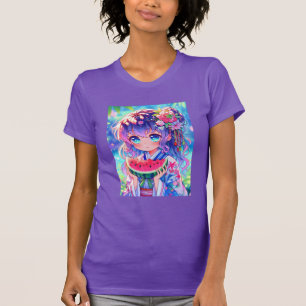 Cute Anime Girl Eating Watermelon on a Summer Day T-Shirt