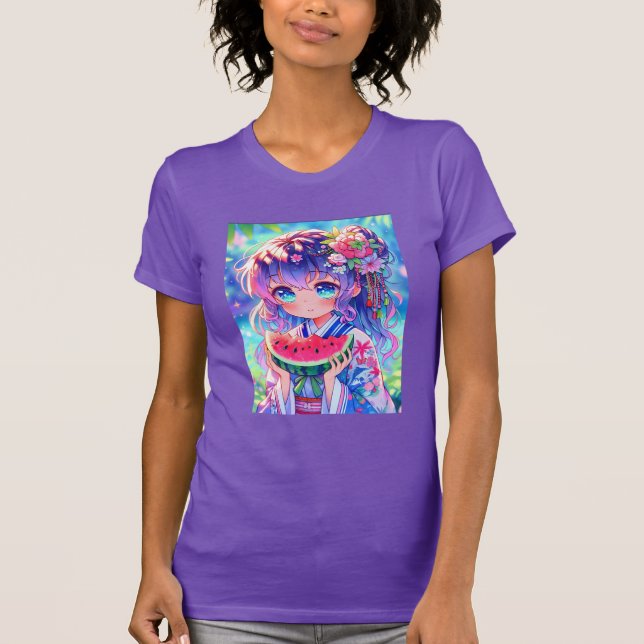 Cute Anime Girl Eating Watermelon on a Summer Day T-Shirt (Front)