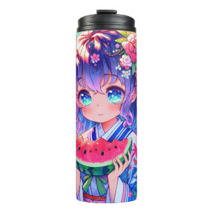 Cute Anime Girl Eating Watermelon on a Summer Day Thermal Tumbler
