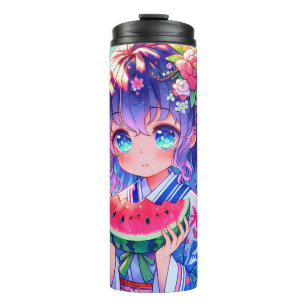Cute Anime Girl Eating Watermelon on a Summer Day Thermal Tumbler