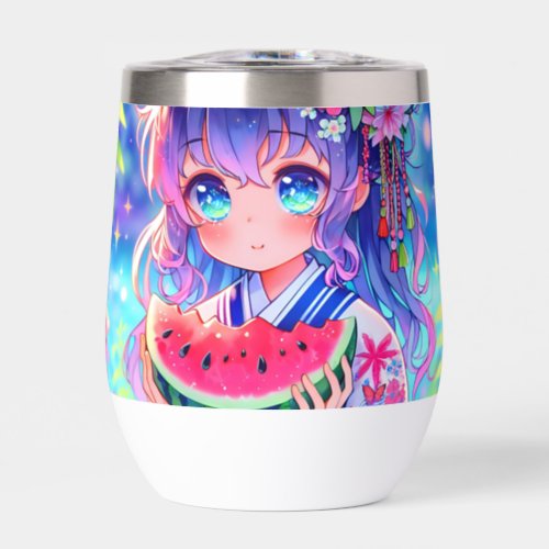 Cute Anime Girl Eating Watermelon on a Summer Day Thermal Wine Tumbler