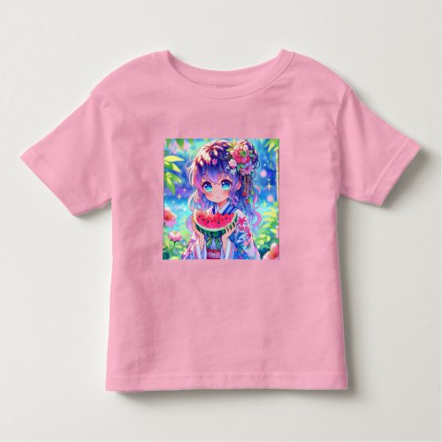 Cute Anime Girl Eating Watermelon on a Summer Day Toddler T_shirt
