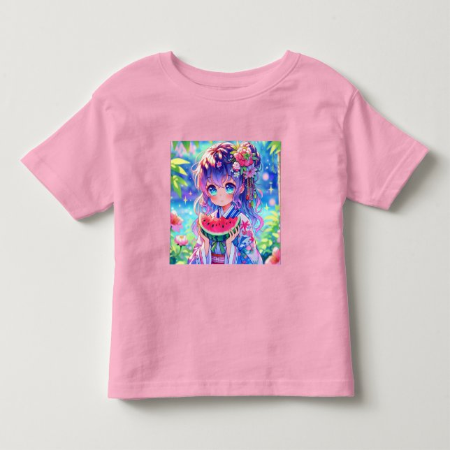 Cute Anime Girl Eating Watermelon on a Summer Day Toddler T-shirt (Front)