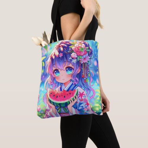 Cute Anime Girl Eating Watermelon on a Summer Day Tote Bag
