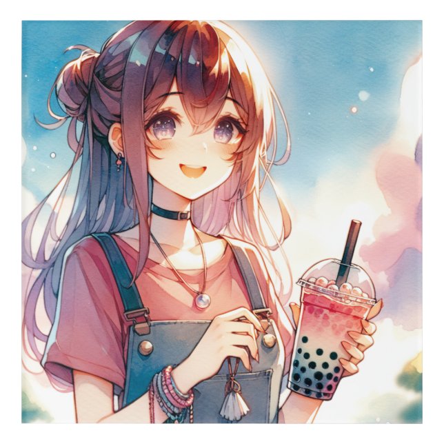 Cute Anime Girl Holding a Boba Tea Acrylic Print (Front)