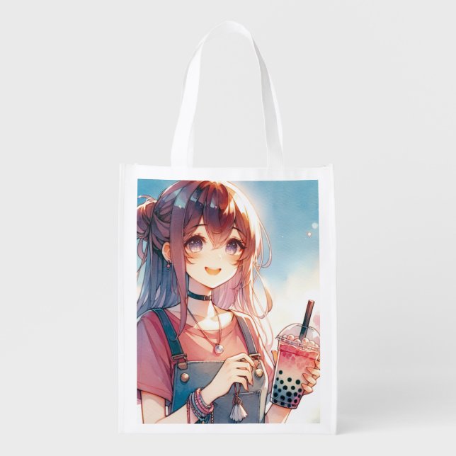 Cute Anime Girl Holding a Boba Tea Grocery Bag (Front)