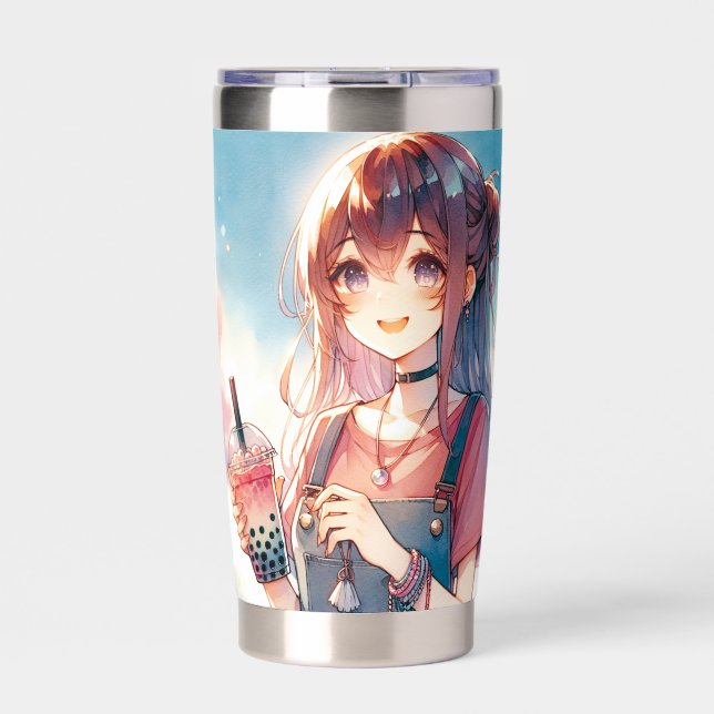Cute Anime Girl Holding a Boba Tea Insulated Tumbler (Front)